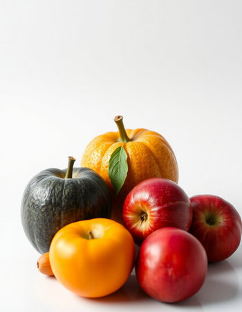 Autumn fruits and vegetables isolated on white background. Studio shot.の写真素材