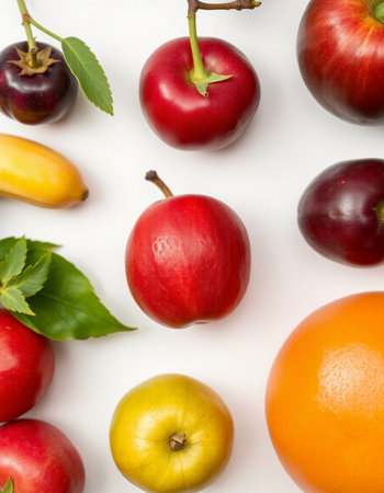 Fruits and vegetables on a white background. Flat lay, top view