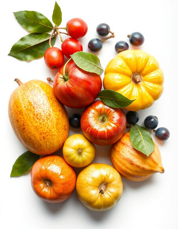Autumn fruits and vegetables isolated on a white background. Top view.の写真素材