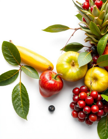 Fruits and vegetables on a white background. Flat lay, top view