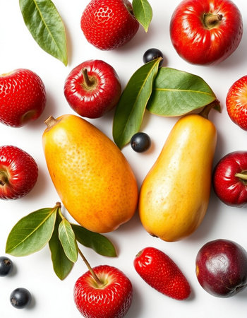 Fruits and berries on a white background. Flat lay, top viewの写真素材