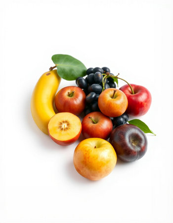 Fruits isolated on white background. Healthy eating concept. Top view.
