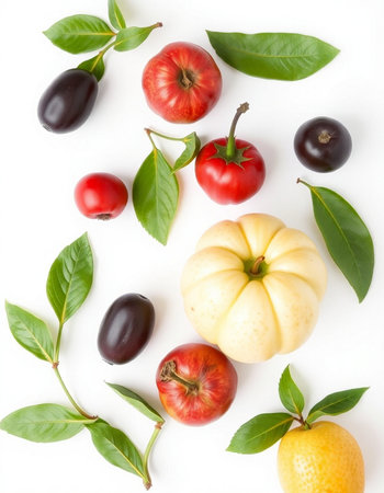 Fruits and vegetables on a white background. Flat lay, top view