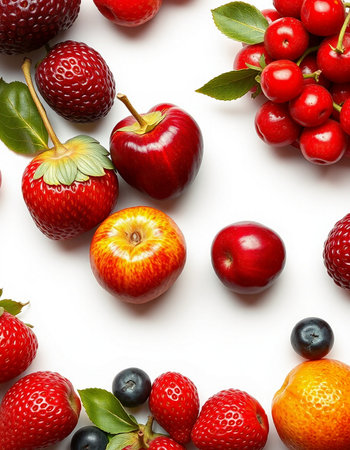 Composition with fresh fruits and berries on white background, top view