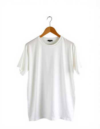 White t-shirt on wooden hanger isolated on white background.