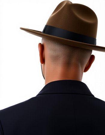 Man in a hat on a white background. Back view. Rear view.の写真素材