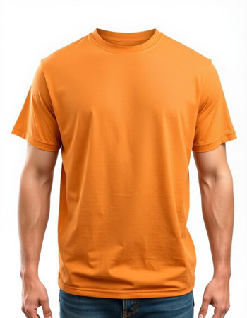 blank orange t-shirt on a mannequin isolated on white backgroundの写真素材
