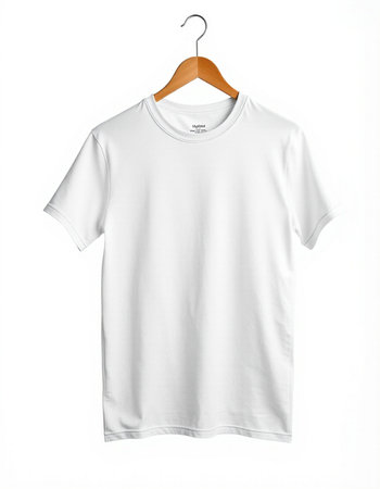 White t-shirt on a wooden hanger on a white background