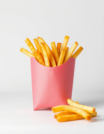 French fries in a pink box on a white background. Fast food.の写真素材