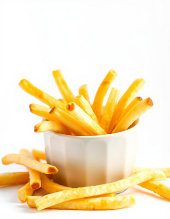 French fries in a bowl on white background. Selective focus.