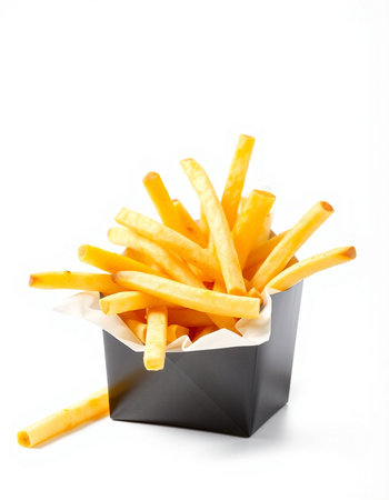 French fries in a paper box on a white background. Isolated