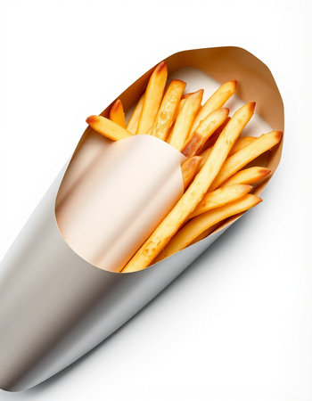 French fries in a paper bag isolated on white background, clipping path included