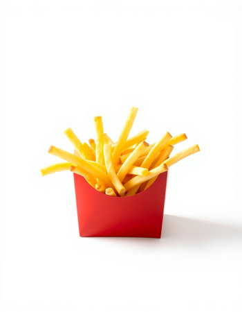French fries in a red box isolated on white background. Fast food.の写真素材