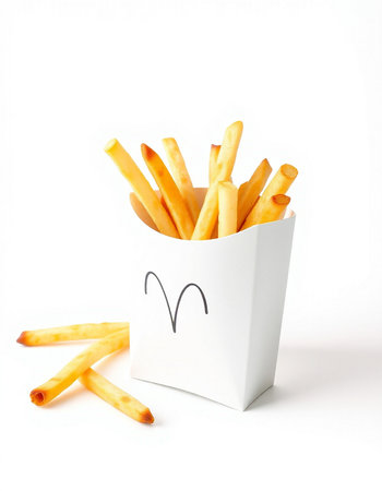 French fries in a paper box isolated on white background. Selective focus.
