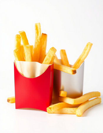 French fries in a red box on a white background, fast food