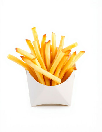 French fries in white box isolated on white background. Selective focus.の写真素材