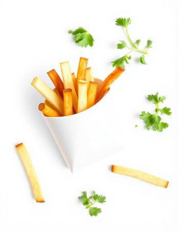 French fries with parsley isolated on white background. Top view.の写真素材