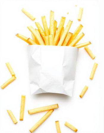 French fries in paper bag isolated on white background. Top view.