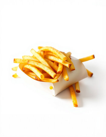 French fries in paper box isolated on white background. Selective focus.