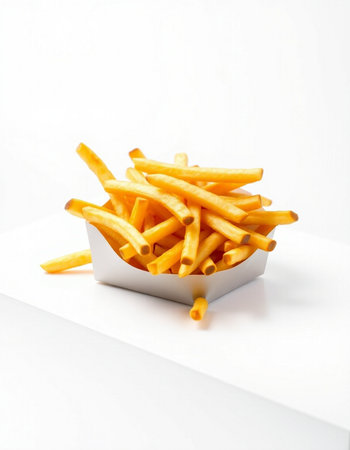 Golden French fries in a white box on a white background, isolated