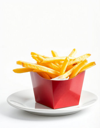 French fries in a red box on a white background with space for text