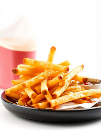 French fries with ketchup on white background. Selective focus.の写真素材