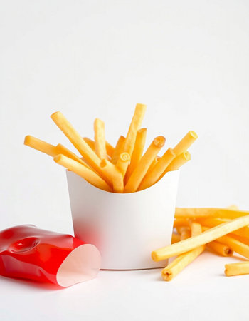 French fries in a paper cup on a white background. Selective focus.の写真素材
