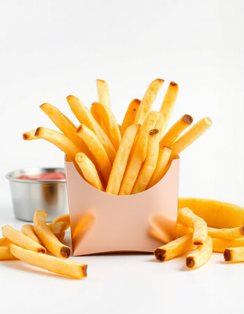 French fries in paper box on white background. Selective focus.