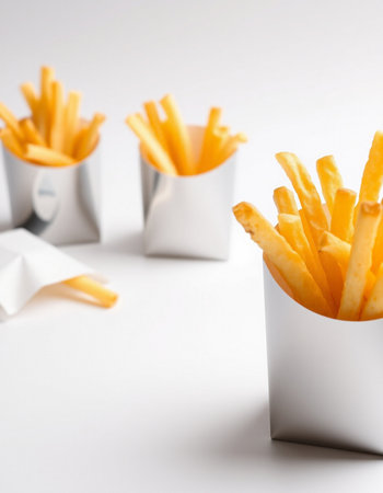 French fries in paper cups on a white background. Close up.の写真素材