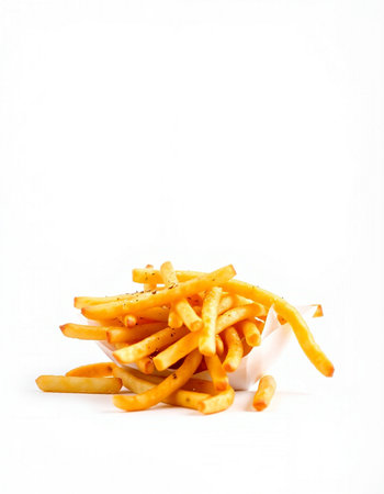 Golden French fries in a bowl on a white background. Selective focus.