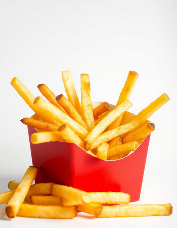 French fries in a red box on a white background. Selective focus.の写真素材