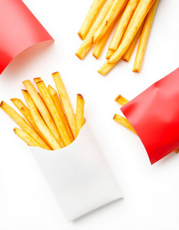 French fries in paper box isolated on white background. Top view.の写真素材