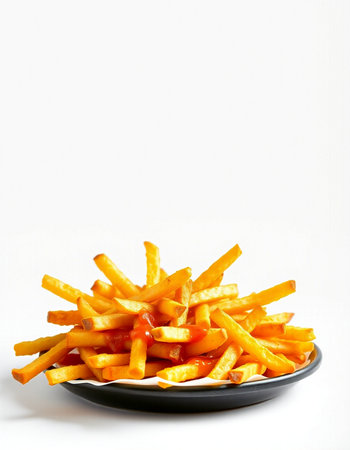 French fries with ketchup on a plate isolated on a white backgroundの写真素材