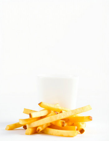 French fries and a cup of coffee on a white background.