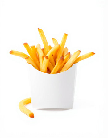 French fries in a paper box on a white background. Isolated