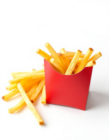 French fries in a red box on a white background, fast food
