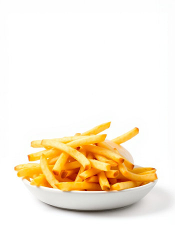 Golden French fries in a bowl on a white background with copy spaceの写真素材