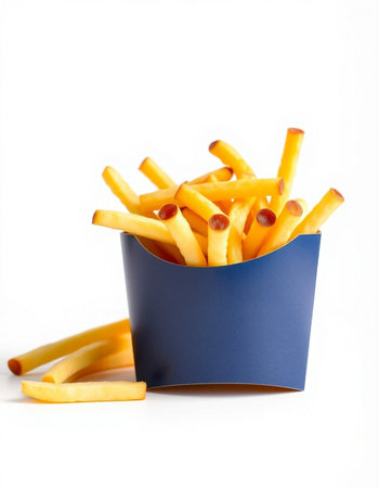 French fries in a blue box on a white background. Isolated