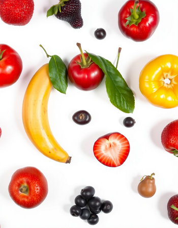 Fruits and vegetables isolated on white background. Flat lay, top viewの写真素材