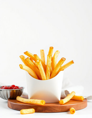 French fries in a white bowl on a white background. Copy space.