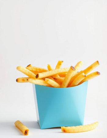 French fries in a blue box on a white background. Fast food.の写真素材