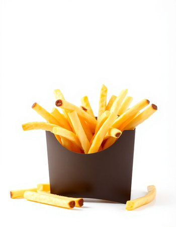 French fries in a paper box on a white background. Selective focus.