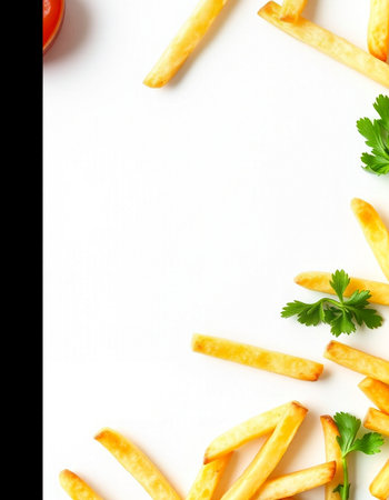 French fries with ketchup and parsley on black and white backgroundの写真素材