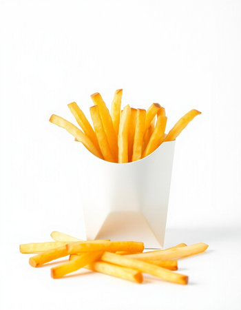 French fries in a paper box on a white background. Selective focus.
