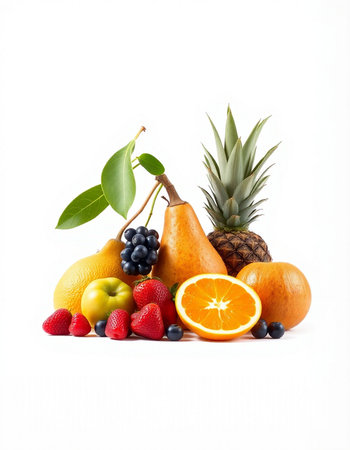 Fruits isolated on white background. Healthy food concept. Copy space.