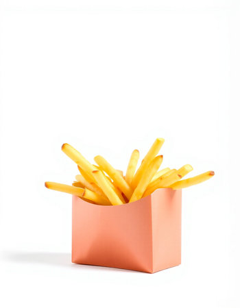 French fries in a paper box isolated on white background. Fast food.の写真素材