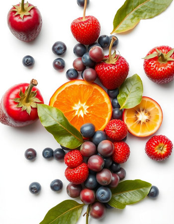Fruits and berries arranged in a circle on a white background.の写真素材