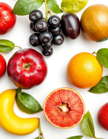 Fruits isolated on white background. Top view. Flat lay pattern