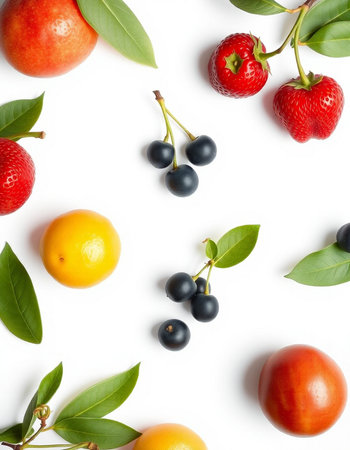 Fresh fruits and berries on white background, top view. Flat layの写真素材