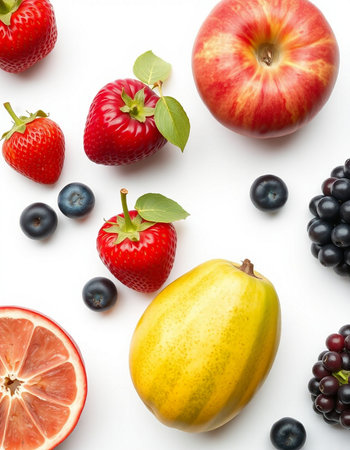 Fruits and berries on white background. Top view. Flat layの写真素材